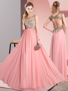 Scoop Sleeveless Backless Court Dresses for Sweet 16 Pink Chiffon