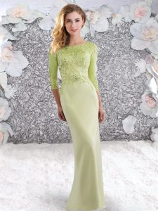 Unique Yellow Green 3 4 Length Sleeve Sweep Train Beading and Lace Prom Dress