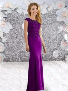Purple Column/Sheath Scoop Sleeveless Elastic Woven Satin Sweep Train Zipper Beading Prom Party Dress
