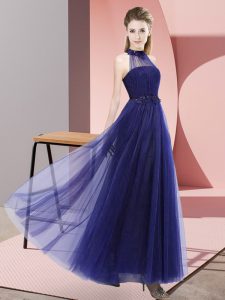 Floor Length Empire Sleeveless Purple Bridesmaids Dress Lace Up