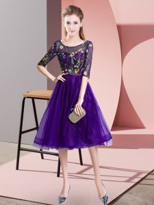 Purple Scoop Neckline Embroidery Quinceanera Dama Dress Half Sleeves Lace Up