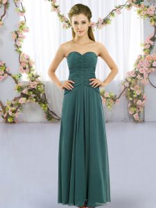 Popular Peacock Green Chiffon Lace Up Sweetheart Sleeveless Floor Length Vestidos de Damas Ruching