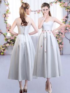 Silver Sleeveless Tea Length Appliques Lace Up Quinceanera Dama Dress
