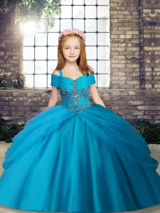 Baby Blue Ball Gowns Tulle Straps Sleeveless Beading Floor Length Lace Up Pageant Gowns For Girls
