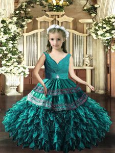 Teal Backless Little Girl Pageant Gowns Beading and Appliques and Ruffles Sleeveless Floor Length
