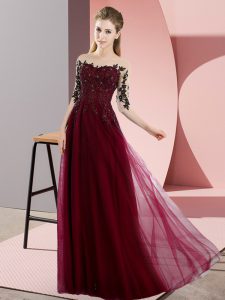 Half Sleeves Floor Length Beading and Lace Lace Up Dama Dress with Burgundy