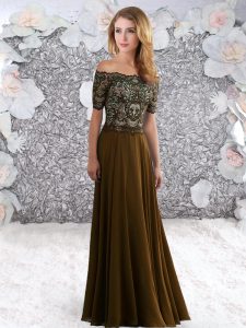 Ideal Brown Off The Shoulder Neckline Beading and Lace Dress for Prom Short Sleeves Zipper