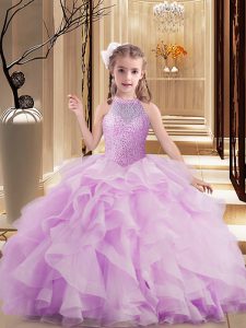 Floor Length Ball Gowns Sleeveless Lilac Little Girls Pageant Gowns Lace Up