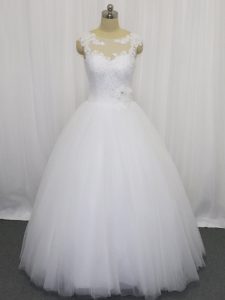 Fantastic White Scoop Clasp Handle Beading and Lace and Hand Made Flower Wedding Gowns Sleeveless