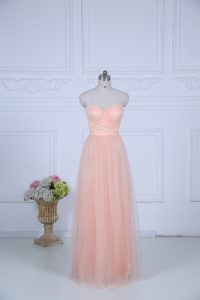 Peach Empire Tulle Sweetheart Sleeveless Ruching Floor Length Zipper Bridesmaid Dresses