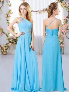 Aqua Blue Empire One Shoulder Sleeveless Chiffon Floor Length Zipper Beading Court Dresses for Sweet 16