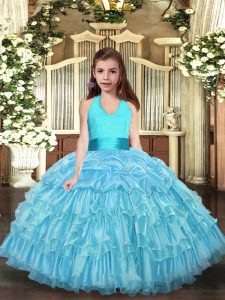 Organza Halter Top Sleeveless Lace Up Ruffled Layers Kids Pageant Dress in Aqua Blue