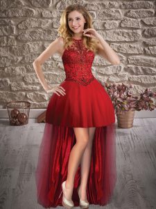 Traditional Wine Red Halter Top Neckline Beading Prom Party Dress Sleeveless Lace Up