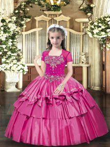 Cute Sleeveless Floor Length Beading Lace Up Kids Pageant Dress with Hot Pink