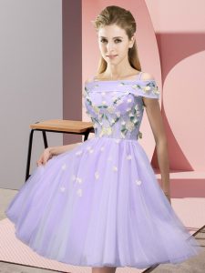 Glorious Lavender Off The Shoulder Neckline Appliques Quinceanera Court Dresses Short Sleeves Lace Up