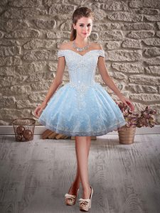 Mini Length Lace Up Prom Party Dress Light Blue for Prom and Party with Beading and Lace