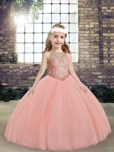 Sleeveless Tulle Floor Length Lace Up Pageant Dress for Womens in Peach with Beading