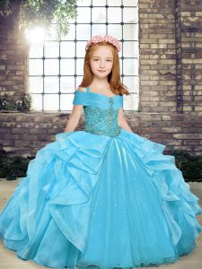 Aqua Blue Ball Gowns Straps Sleeveless Organza Floor Length Lace Up Beading and Ruffles Winning Pageant Gowns