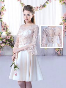 Hot Selling Scoop 3 4 Length Sleeve Wedding Party Dress Mini Length Lace and Belt Champagne Satin
