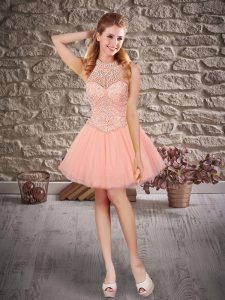 Dazzling Peach Tulle Lace Up Halter Top Sleeveless Mini Length Homecoming Dress Beading