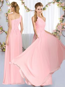 Sexy Baby Pink Empire Chiffon One Shoulder Sleeveless Ruching Floor Length Lace Up Quinceanera Dama Dress