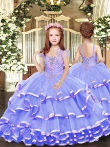 Lavender Ball Gowns Straps Sleeveless Tulle Floor Length Lace Up Beading and Ruffled Layers Little Girls Pageant Gowns