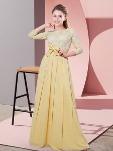 Modest 3 4 Length Sleeve Chiffon Floor Length Side Zipper Dama Dress for Quinceanera in Gold with Lace and Belt