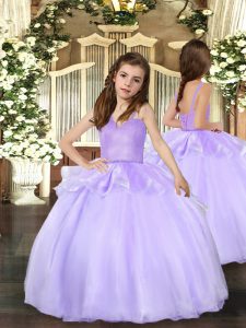 Latest Lavender Straps Lace Up Beading Little Girl Pageant Dress Sleeveless