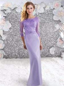 3 4 Length Sleeve Elastic Woven Satin Sweep Train Zipper Prom Party Dress in Lavender with Beading and Lace