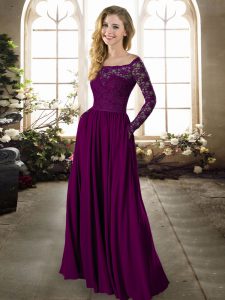 Chiffon Off The Shoulder Long Sleeves Zipper Lace Bridesmaid Gown in Dark Purple