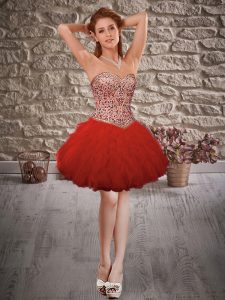 Sexy Wine Red Ball Gowns Beading and Ruffles Homecoming Dress Lace Up Tulle Sleeveless Mini Length