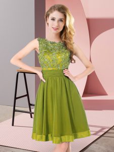 Excellent Olive Green Sleeveless Beading and Appliques Mini Length Dama Dress