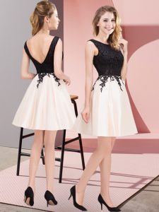 Exquisite Mini Length Champagne Wedding Guest Dresses Satin Sleeveless Lace