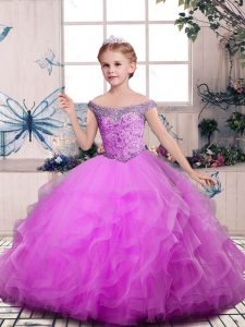 Lilac Sleeveless Tulle Lace Up Child Pageant Dress for Party and Sweet 16 and Wedding Party