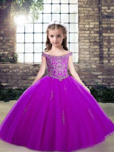 Purple Lace Up Off The Shoulder Appliques Pageant Gowns Tulle Sleeveless