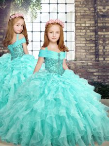Beautiful Aqua Blue Straps Lace Up Beading and Ruffles Little Girl Pageant Gowns Sleeveless