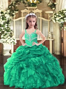 Trendy Floor Length Green Kids Pageant Dress Organza Sleeveless Beading and Ruffles