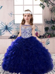 Elegant Beading and Ruffles High School Pageant Dress Royal Blue Lace Up Sleeveless Floor Length