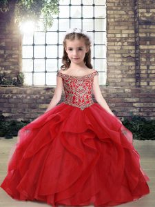 High Class Red Tulle Lace Up Off The Shoulder Sleeveless Floor Length Little Girls Pageant Dress Wholesale Beading and R