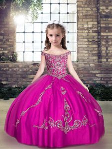 Admirable Fuchsia Kids Pageant Dress Party and Wedding Party with Beading and Appliques Off The Shoulder Sleeveless Lace
