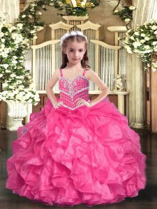 Custom Design Floor Length Hot Pink Pageant Dress for Teens Organza Sleeveless Beading and Ruffles