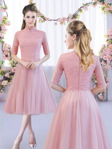 Fitting Pink A-line Tulle High-neck Half Sleeves Lace Tea Length Zipper Bridesmaid Dresses