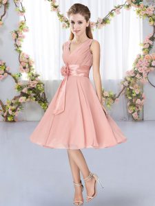 Pink V-neck Lace Up Hand Made Flower Wedding Guest Dresses Sleeveless