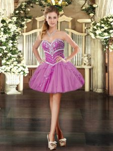 Lavender Sleeveless Mini Length Beading and Ruffles Lace Up Prom Dress