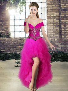 Suitable Fuchsia A-line Off The Shoulder Sleeveless Tulle High Low Lace Up Beading and Ruffles Prom Party Dress