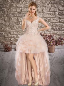 Pink Sleeveless Beading and Lace and Ruffles High Low Prom Dresses