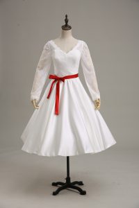 Unique White Satin Clasp Handle Wedding Gowns Long Sleeves Tea Length Lace and Sashes ribbons