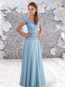 Short Sleeves Floor Length Beading and Lace Zipper Prom Evening Gown with Light Blue