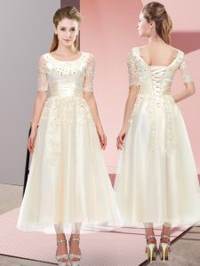 Champagne Wedding Guest Dresses Wedding Party with Beading and Lace Scoop Short Sleeves Lace Up