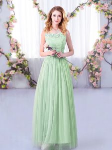 Inexpensive Sleeveless Tulle Floor Length Side Zipper Bridesmaid Dresses in Apple Green with Lace and Belt